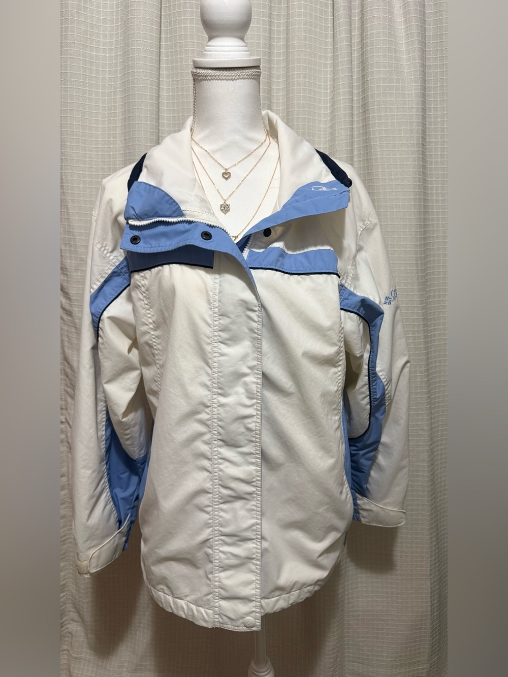 Columbia L White Blue Colorblock Hooded Windbreaker Jacket Vintage